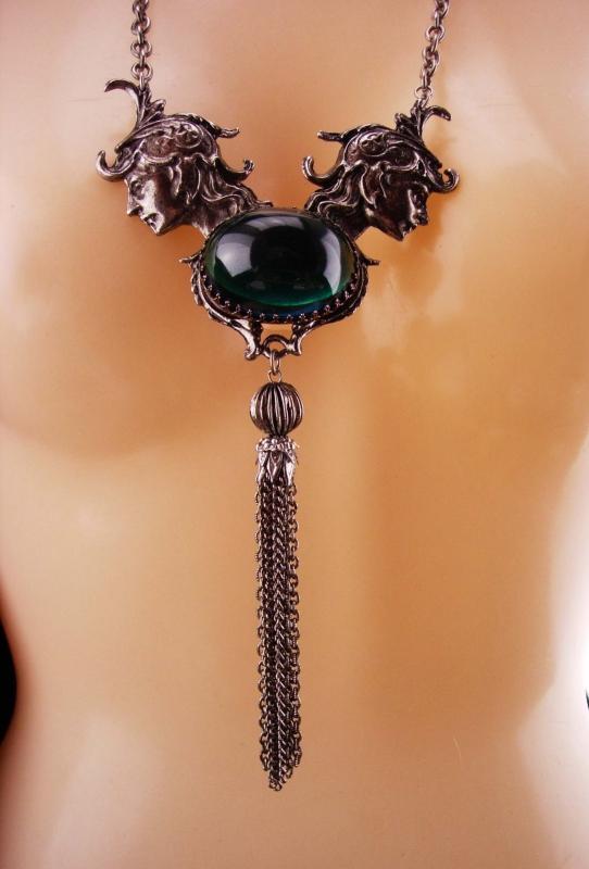 Vintage Athena Necklace / huge statement necklace / goddess jewelry / silver tassel / medieval jewelry / green chrysoprase