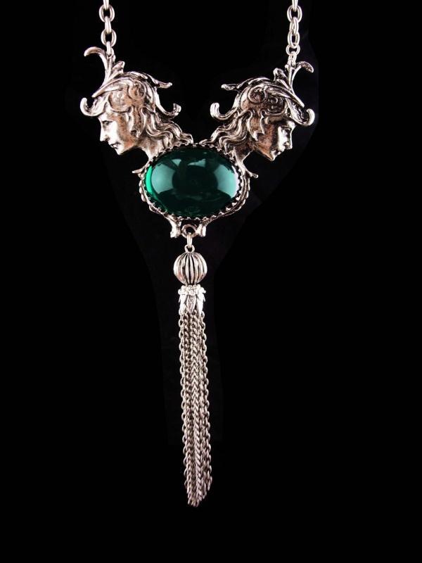 Vintage Athena Necklace / huge statement necklace / goddess jewelry / silver tassel / medieval jewelry / green chrysoprase