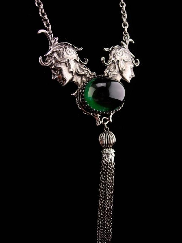 Vintage Athena Necklace / huge statement necklace / goddess jewelry / silver tassel / medieval jewelry / green chrysoprase