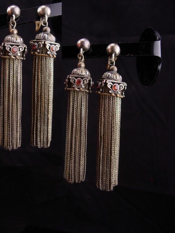 Antique 2ct garnet earrings / silver tassel set / gypsy fringe jewelry / Vintage screw on earrings / Garnet Chandelier / egyptian revival