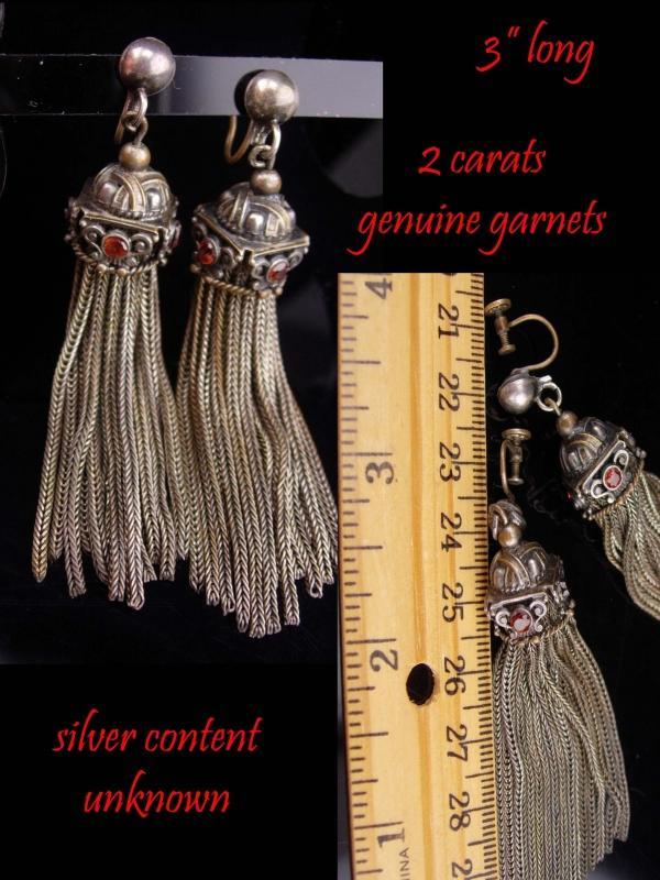Antique 2ct garnet earrings / silver tassel set / gypsy fringe jewelry / Vintage screw on earrings / Garnet Chandelier / egyptian revival
