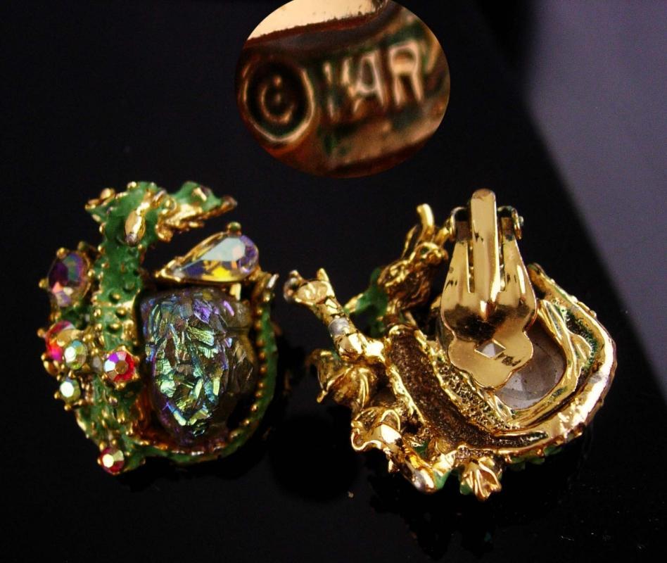 Har earrings / Dragon clip on set / Lava glass earrings / Vintage signed set / Rhinestone creature / aurora borealis stones / Chalcopyrite