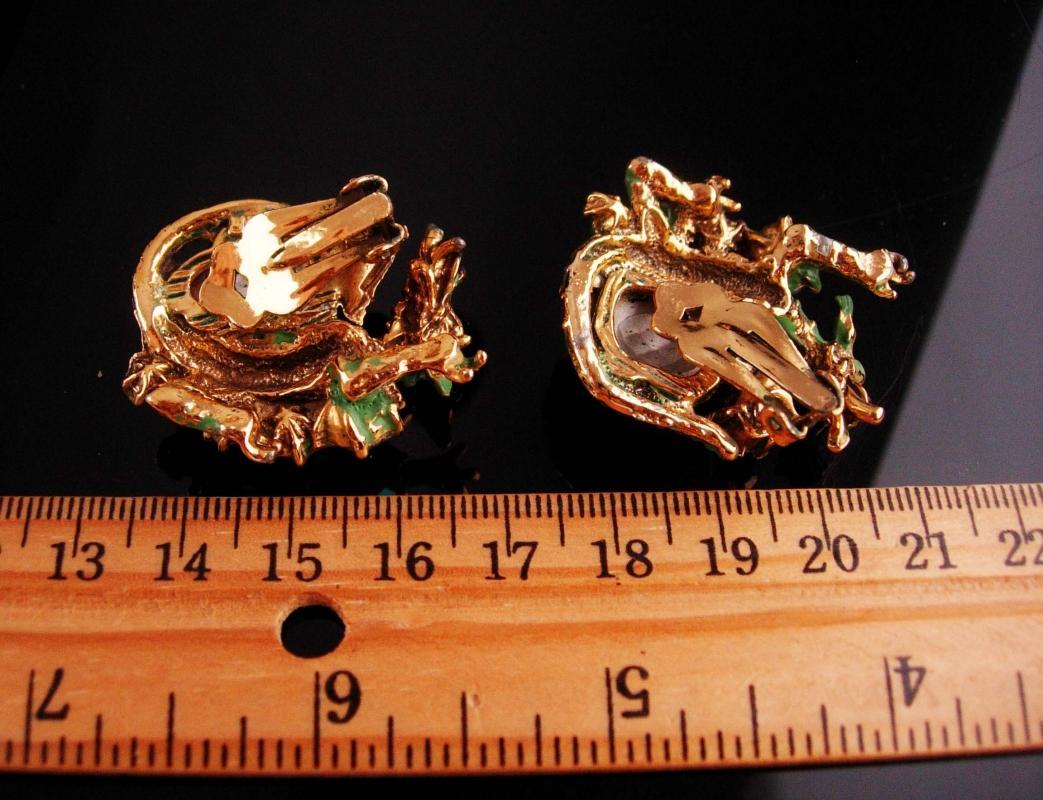 Har earrings / Dragon clip on set / Lava glass earrings / Vintage signed set / Rhinestone creature / aurora borealis stones / Chalcopyrite