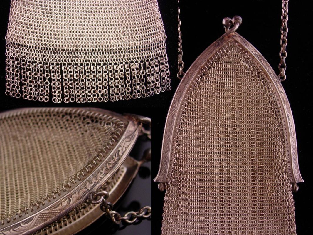 Silver Flapper purse / vintage Whiting & Davis mesh purse / Art deco fringe / Vintage chainmaille purse / cathedral frame / original tag
