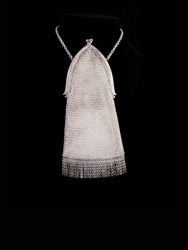 Silver Flapper purse / vintage Whiting & Davis mesh purse / Art deco fringe / Vintage chainmaille purse / cathedral frame / original tag