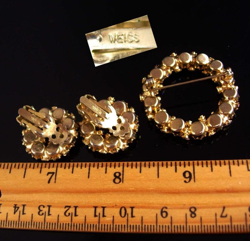 Vintage Weiss Brooch & Earrings / Stunning yellow rhinestones / aurora borealis / signed Weiss Brooch / clip on earrings /estate jewelry