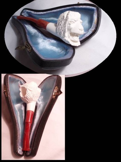 Meerschaum CARVED LION PIPE & hinged CASE