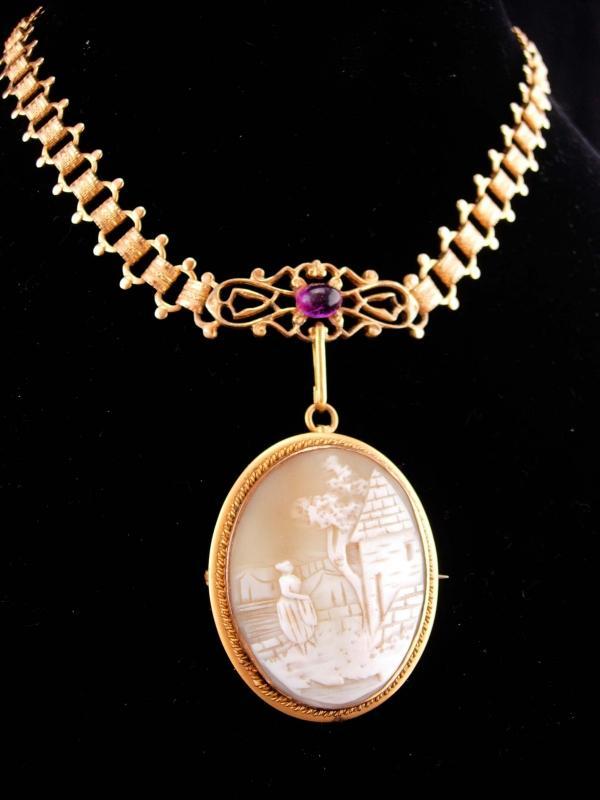 Large Antique brooch / bookchain necklace / carved victorian Cameo pendant / purple / vintage estate jewelry / cameo necklace