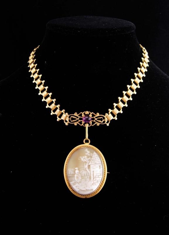 Large Antique brooch / bookchain necklace / carved victorian Cameo pendant / purple / vintage estate jewelry / cameo necklace