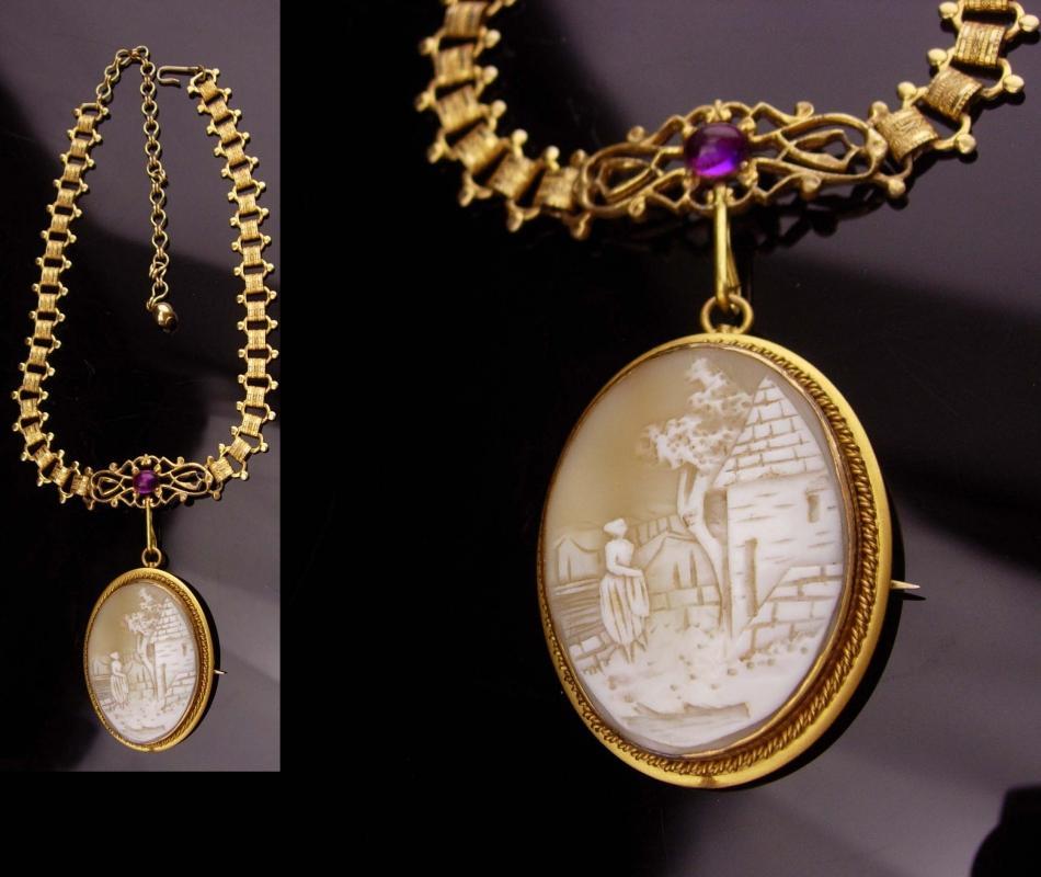 Large Antique brooch / bookchain necklace / carved victorian Cameo pendant / purple / vintage estate jewelry / cameo necklace