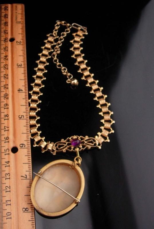 Large Antique brooch / bookchain necklace / carved victorian Cameo pendant / purple / vintage estate jewelry / cameo necklace