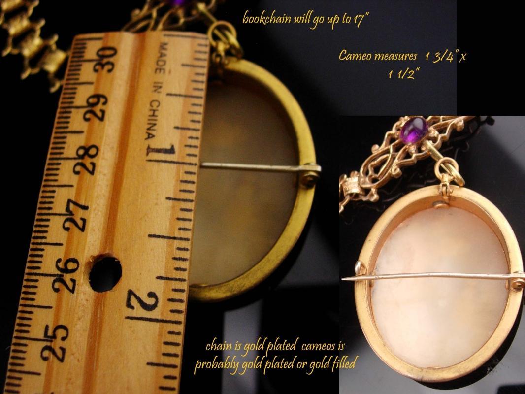 Large Antique brooch / bookchain necklace / carved victorian Cameo pendant / purple / vintage estate jewelry / cameo necklace