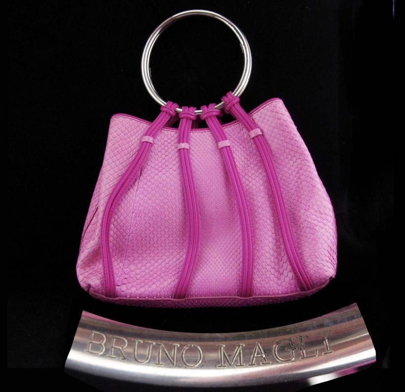 Vintage Bruno Magli Purse / STERLING handle / Rare handbag / Italy signed / pink clutch / silver Hoop / Italian evening bag / designer purse