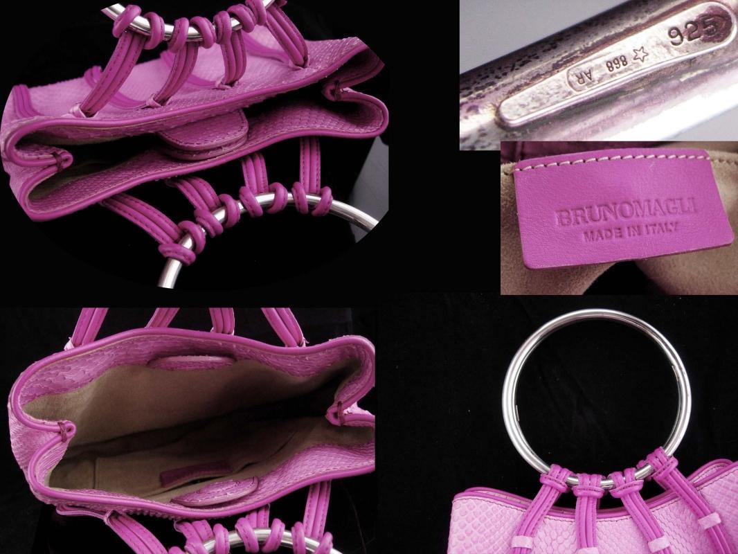 Vintage Bruno Magli Purse / STERLING handle / Rare handbag / Italy signed / pink clutch / silver Hoop / Italian evening bag / designer purse