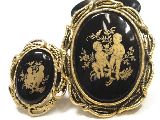VIntage Victorian Cupid Black GOld Cameo brooch & RING too