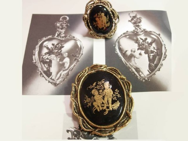 VIntage Victorian Cupid Black GOld Cameo brooch & RING too