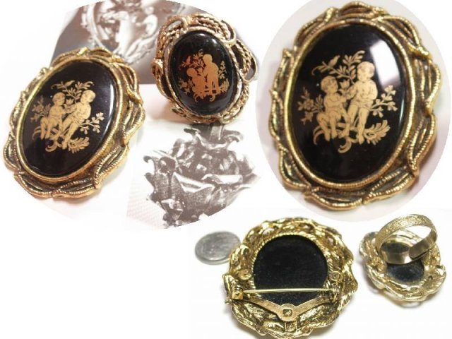 VIntage Victorian Cupid Black GOld Cameo brooch & RING too