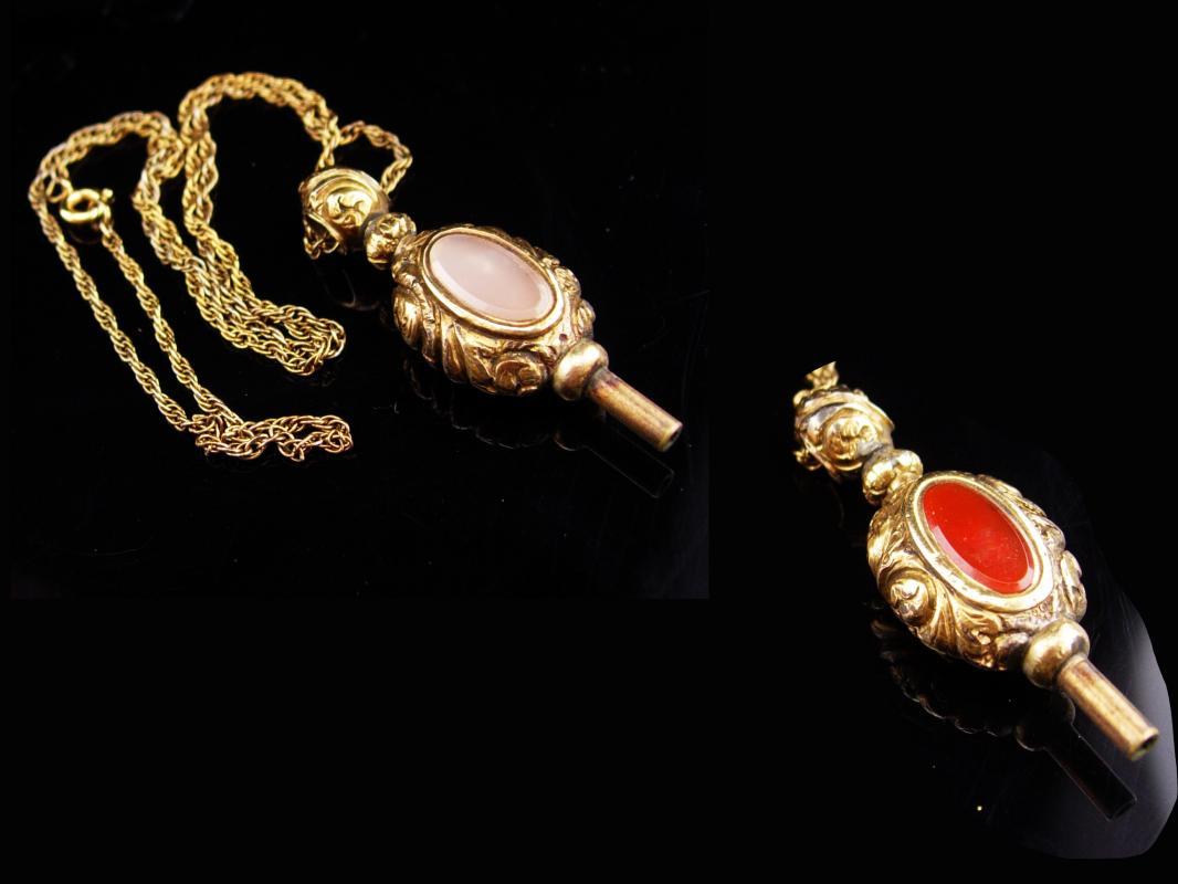 Antique Victorian Fob / 1/20th 12kt gold filled chain / victorian necklace / Pocketwatch key / carnelian and sardonyx fob