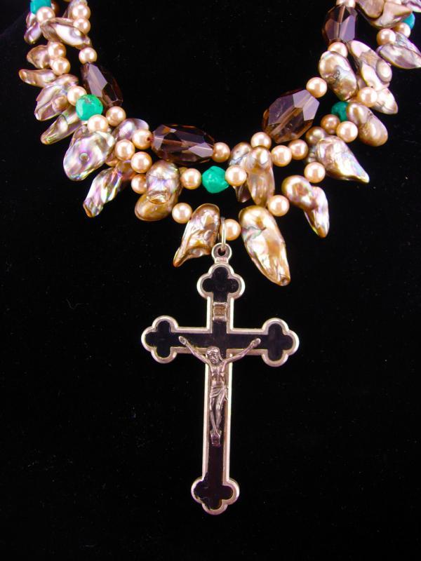 Large Rosary necklace / Miraculous Medal / Bohemian necklace / Genuine pearls / vintage french medal / assemblage necklace /religious charm