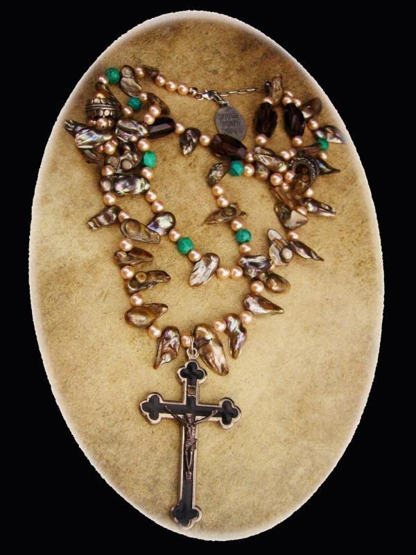 Large Rosary necklace / Miraculous Medal / Bohemian necklace / Genuine pearls / vintage french medal / assemblage necklace /religious charm