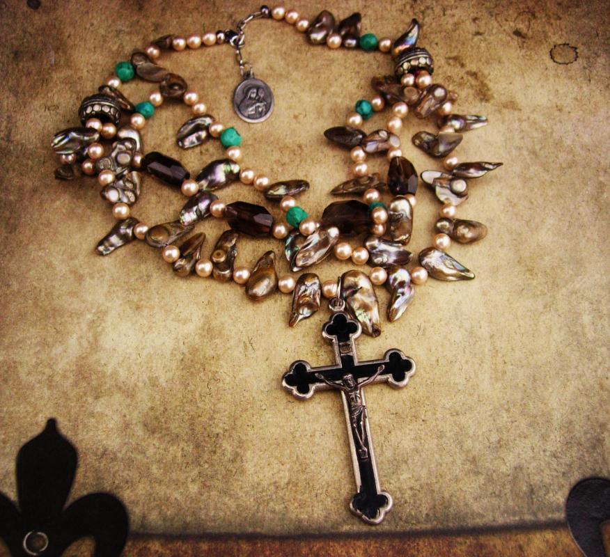 Large Rosary necklace / Miraculous Medal / Bohemian necklace / Genuine pearls / vintage french medal / assemblage necklace /religious charm