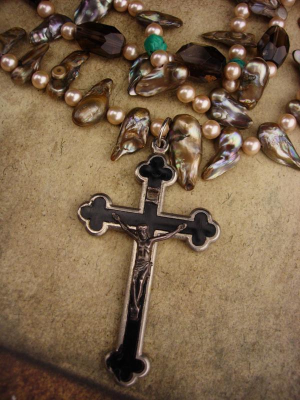 Large Rosary necklace / Miraculous Medal / Bohemian necklace / Genuine pearls / vintage french medal / assemblage necklace /religious charm