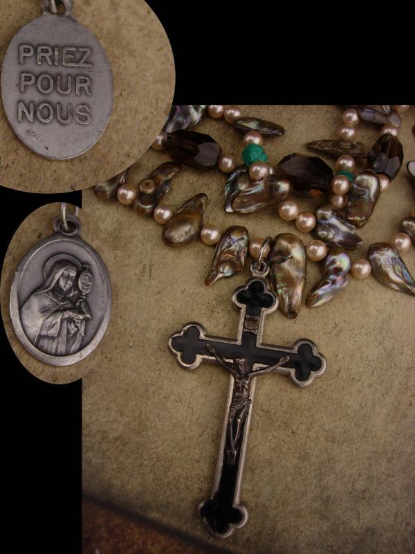 Large Rosary necklace / Miraculous Medal / Bohemian necklace / Genuine pearls / vintage french medal / assemblage necklace /religious charm