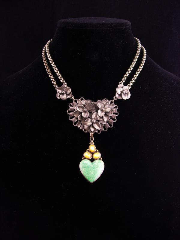 Antique sweetheart necklace / Sterling Moonstone Heart / malachite drop / ornate rollo chain / statement necklace / silver necklace
