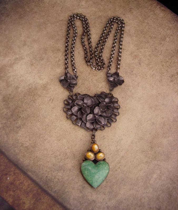 Antique sweetheart necklace / Sterling Moonstone Heart / malachite drop / ornate rollo chain / statement necklace / silver necklace