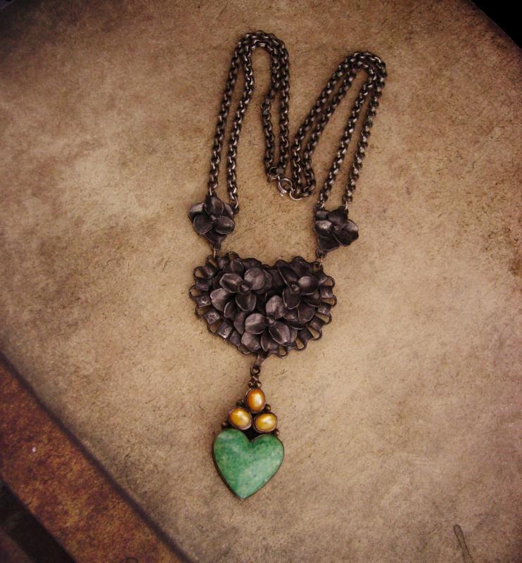 Antique sweetheart necklace / Sterling Moonstone Heart / malachite drop / ornate rollo chain / statement necklace / silver necklace