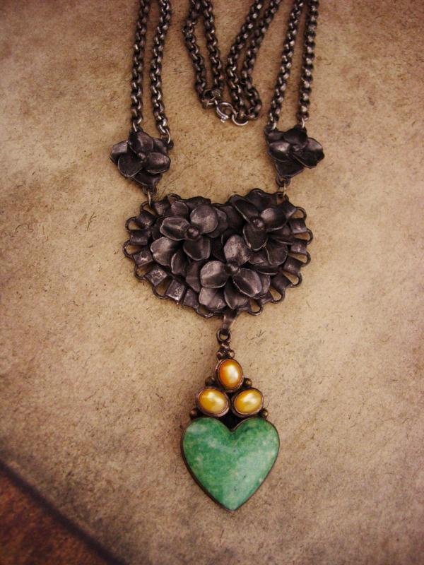 Antique sweetheart necklace / Sterling Moonstone Heart / malachite drop / ornate rollo chain / statement necklace / silver necklace