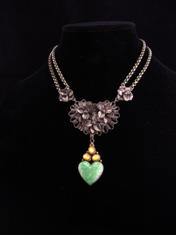 Antique sweetheart necklace / Sterling Moonstone Heart / malachite drop / ornate rollo chain / statement necklace / silver necklace