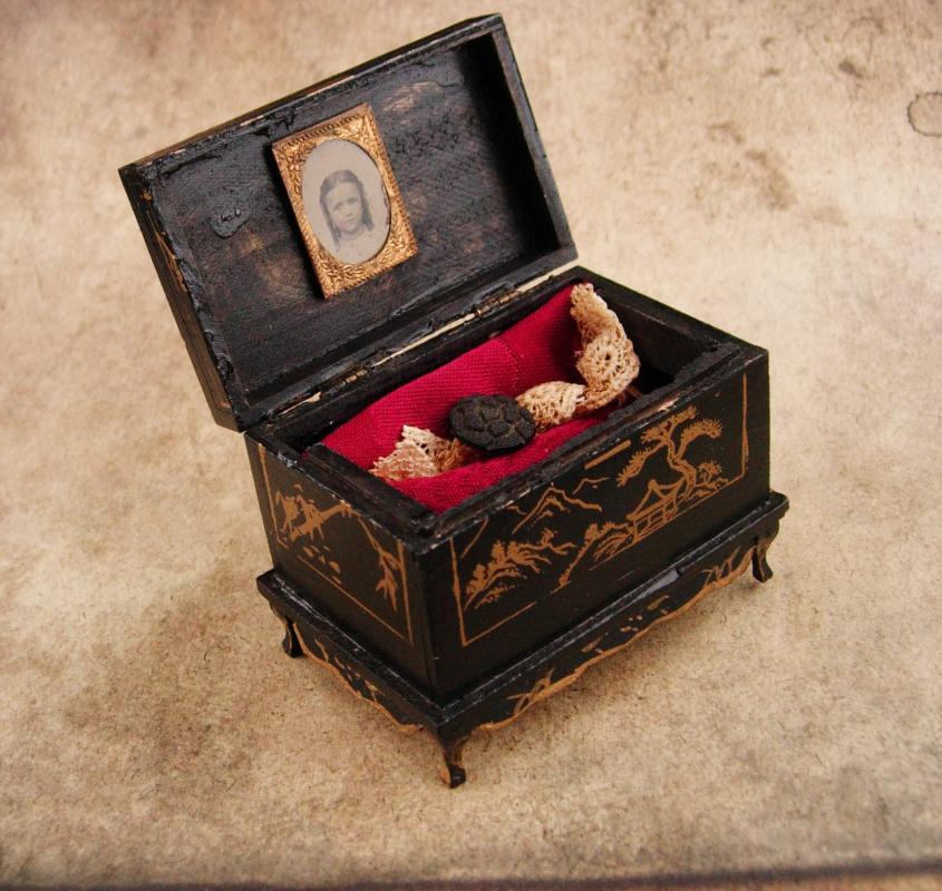 Antique Trinket box / child tintype / 1890 victorian button / estate box / keepsake chest / miniature chinese chest / black ring casket