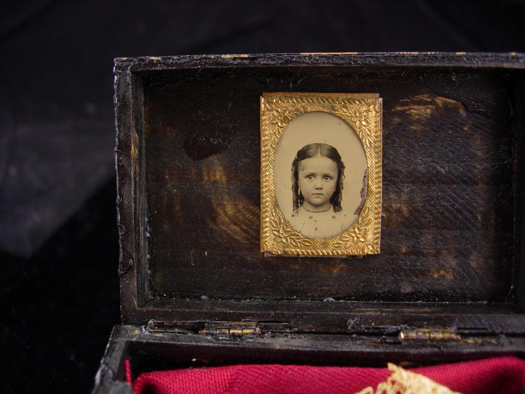 Antique Trinket box / child tintype / 1890 victorian button / estate box / keepsake chest / miniature chinese chest / black ring casket
