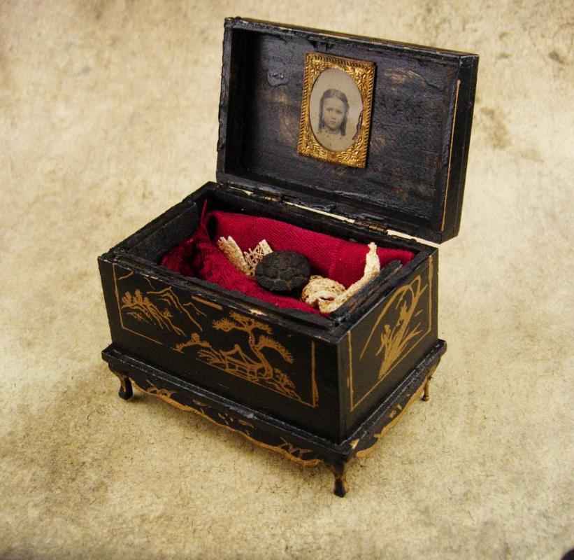Antique Trinket box / child tintype / 1890 victorian button / estate box / keepsake chest / miniature chinese chest / black ring casket