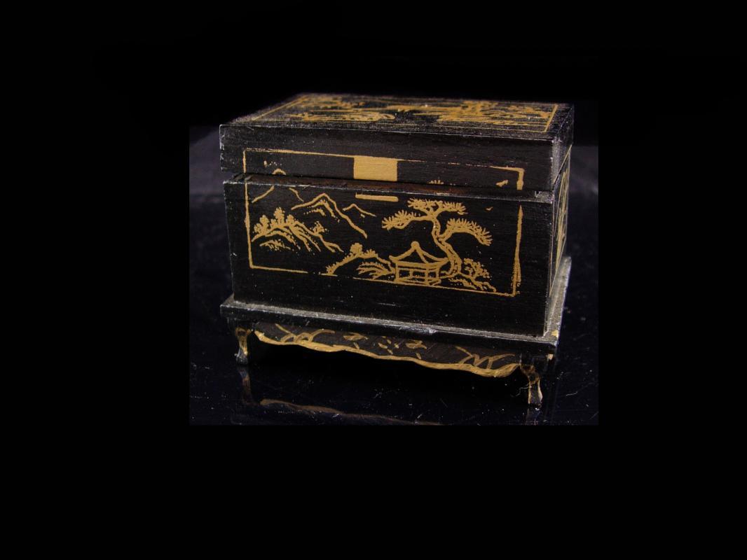 Antique Trinket box / child tintype / 1890 victorian button / estate box / keepsake chest / miniature chinese chest / black ring casket