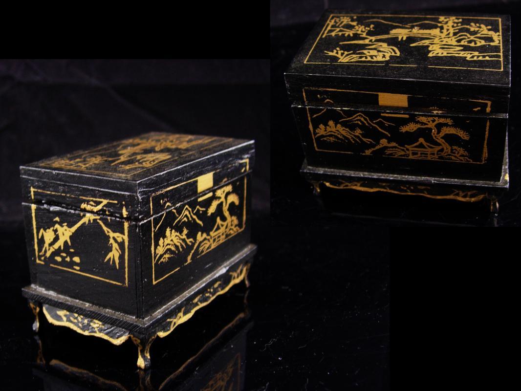 Antique Trinket box / child tintype / 1890 victorian button / estate box / keepsake chest / miniature chinese chest / black ring casket