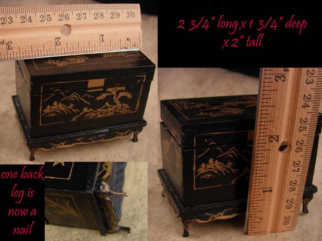 Antique Trinket box / child tintype / 1890 victorian button / estate box / keepsake chest / miniature chinese chest / black ring casket
