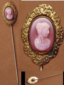 Antique PINK CORAL LADY CAMEO STICKPIN