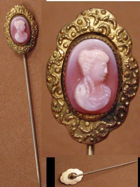 Antique PINK CORAL LADY CAMEO STICKPIN
