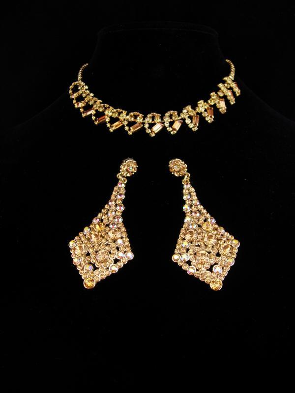 Vintage Rhinestone set / yellow choker / Dramatic LONG Chandelier earrings / demi Parure necklace / layers of yellow and topaz glass