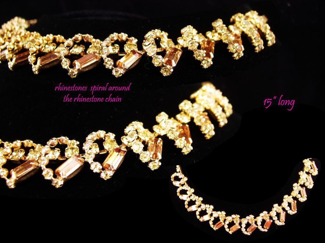 Vintage Rhinestone set / yellow choker / Dramatic LONG Chandelier earrings / demi Parure necklace / layers of yellow and topaz glass