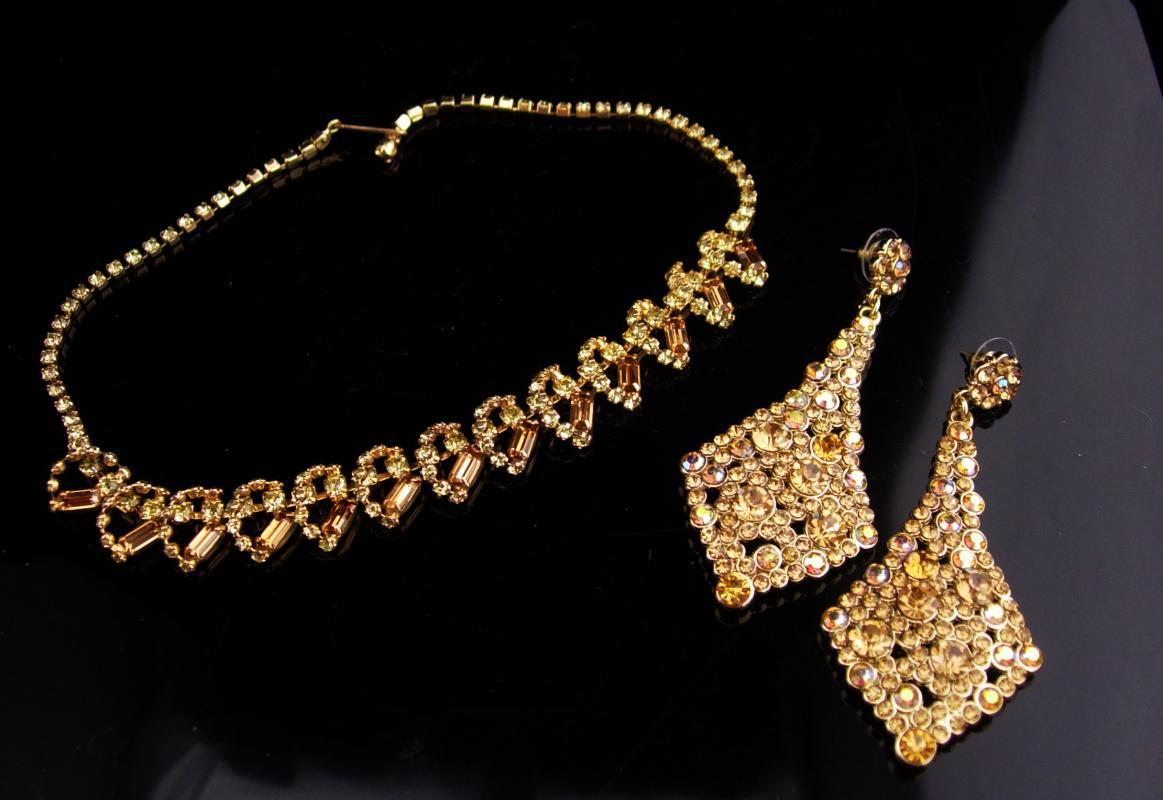 Vintage Rhinestone set / yellow choker / Dramatic LONG Chandelier earrings / demi Parure necklace / layers of yellow and topaz glass