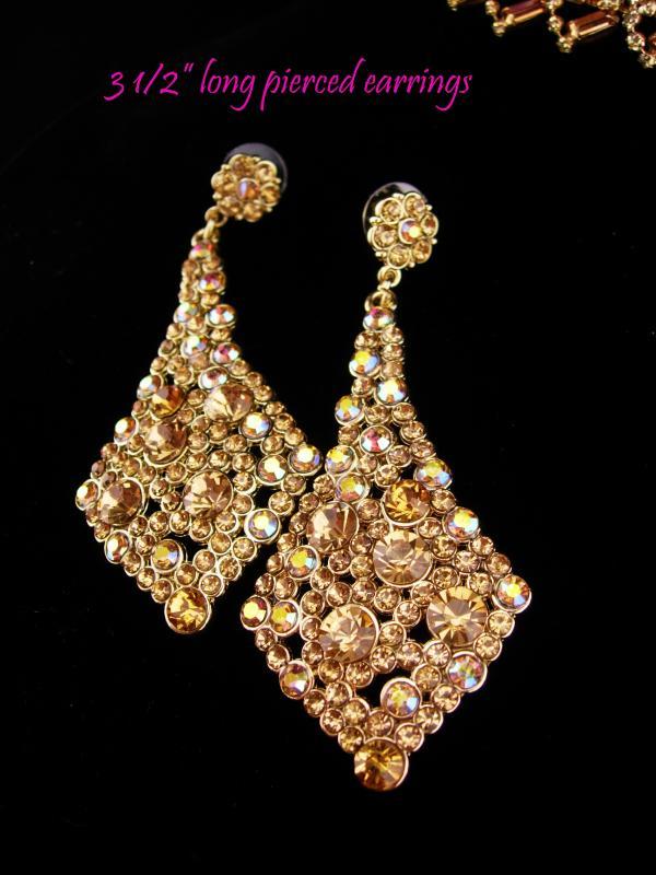 Vintage Rhinestone set / yellow choker / Dramatic LONG Chandelier earrings / demi Parure necklace / layers of yellow and topaz glass