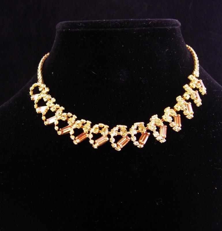 Vintage Rhinestone set / yellow choker / Dramatic LONG Chandelier earrings / demi Parure necklace / layers of yellow and topaz glass