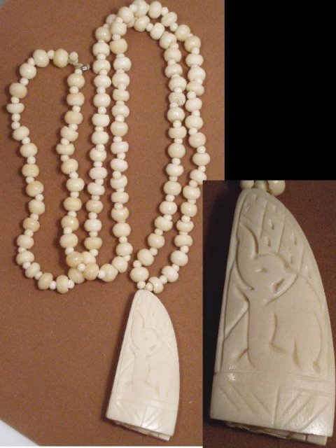 PRIMITIVE Ivory BONE Carved Pendant necklace hand sewn