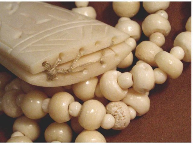 PRIMITIVE Ivory BONE Carved Pendant necklace hand sewn