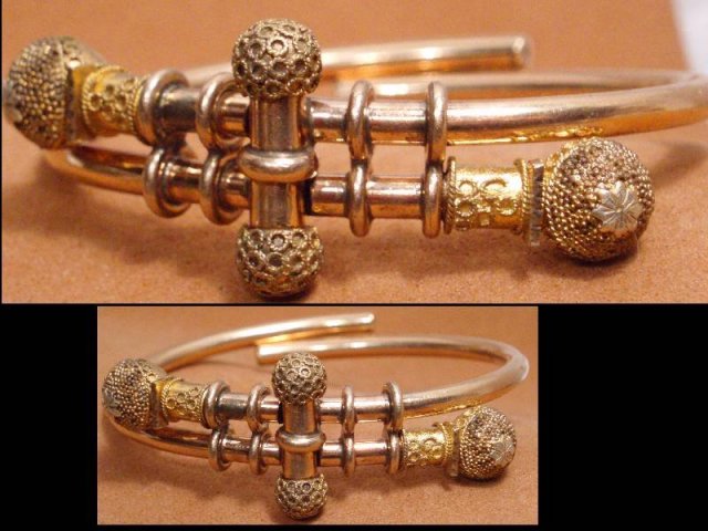 Antique 1882 9KT rose Gold bracelet Victorian ETRUSCAN Ball Bypass hinged march21 estate jewelry