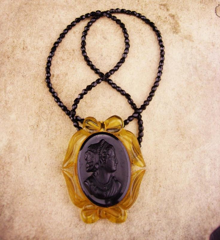 Black Mourning Cameo / vintage cameo necklace / black glass beads / carved lucite / victorian Choker necklace