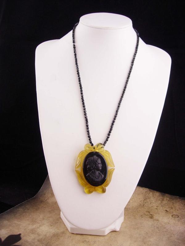 Black Mourning Cameo / vintage cameo necklace / black glass beads / carved lucite / victorian Choker necklace